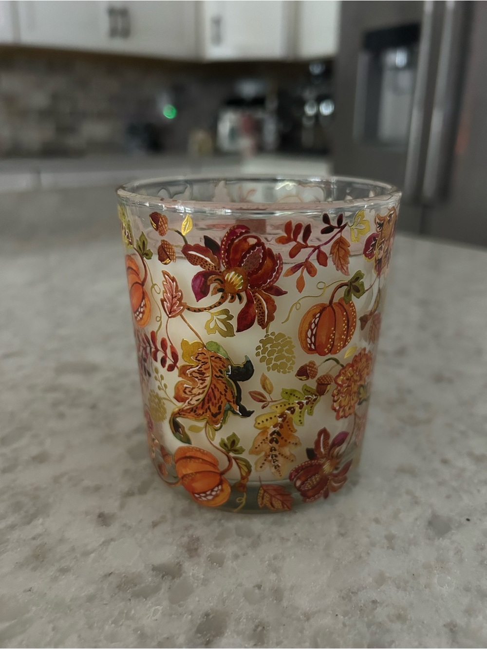 “New” Clementine Autumn Pumpkin Floral Glass Candle- Orange Floral w/ wood wick